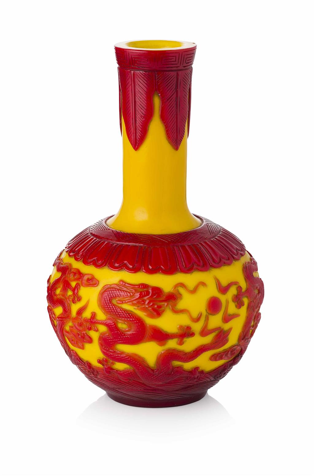 Appraisal: RED-OVERLAY YELLOW-GROUND PEKING GLASS VASE QING DYNASTY TH CENTURY of