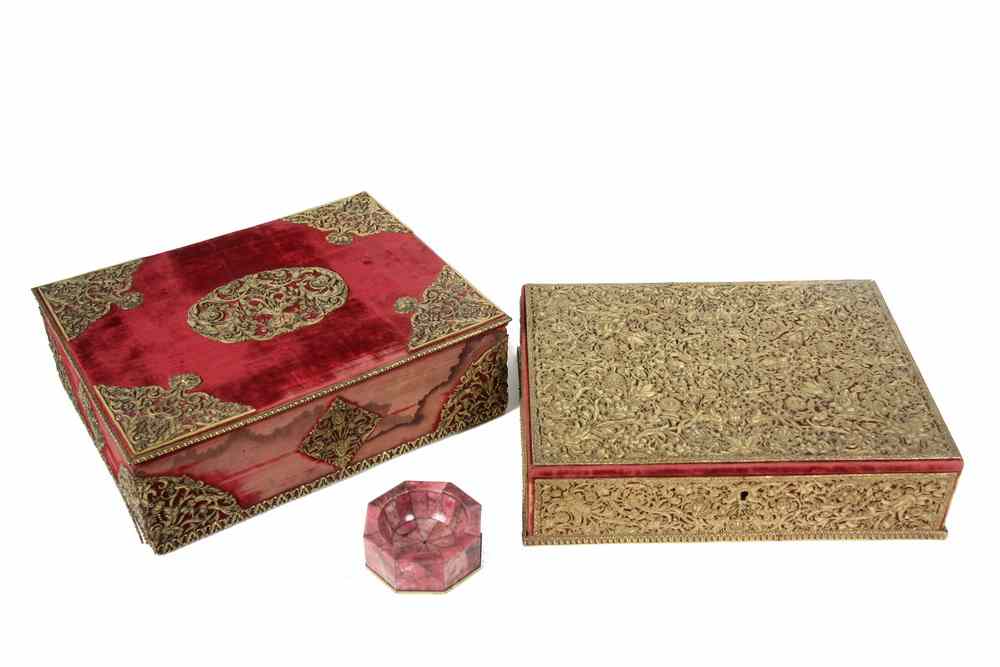 Appraisal: BOXES - gilded bronze mounted burgundy velvet covered desk boxes