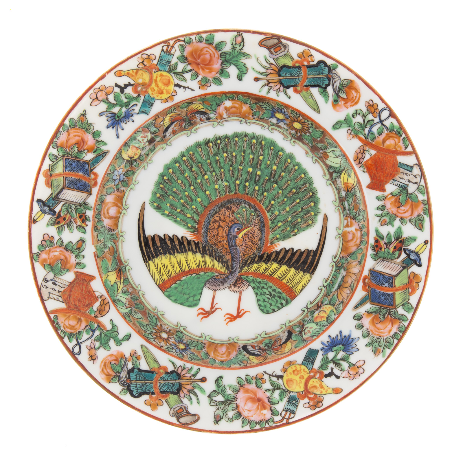 Appraisal: FINE RARE CANTON FAMILLE ROSE PEACOCK PLATE Tongzhi Era plate