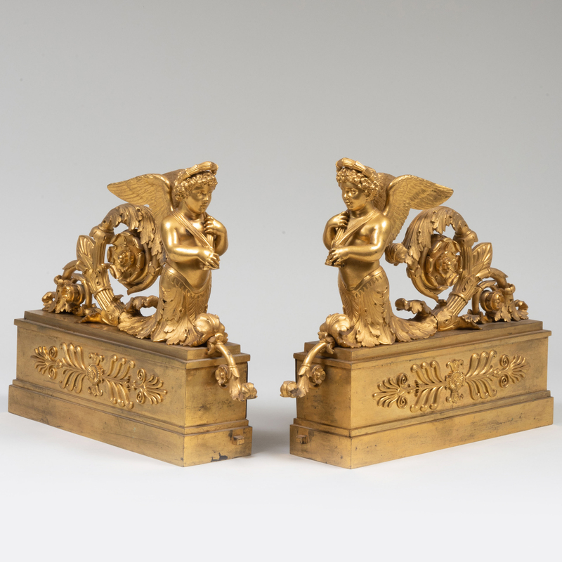 Appraisal: PAIR OF EMPIRE ORMOLU WINGED FEMALE CHENETS x x in