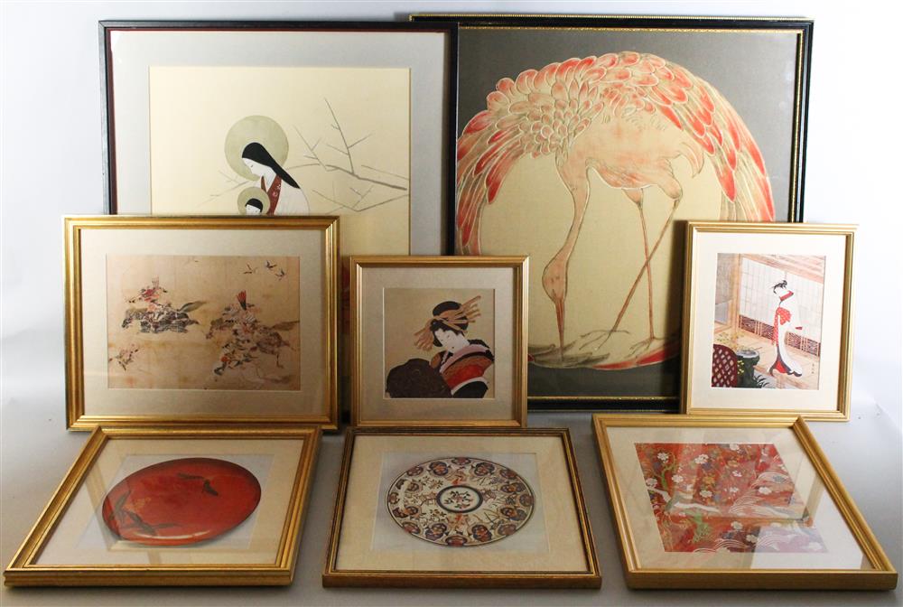 Appraisal: GROUP OF EIGHT FRAMED JAPANESE IMAGES including a painting of