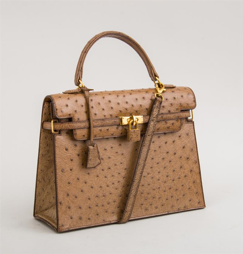 Appraisal: MORABITO OSTRICH PATTERNED PALE BROWN LEATHER HANDBAG x in Estimate