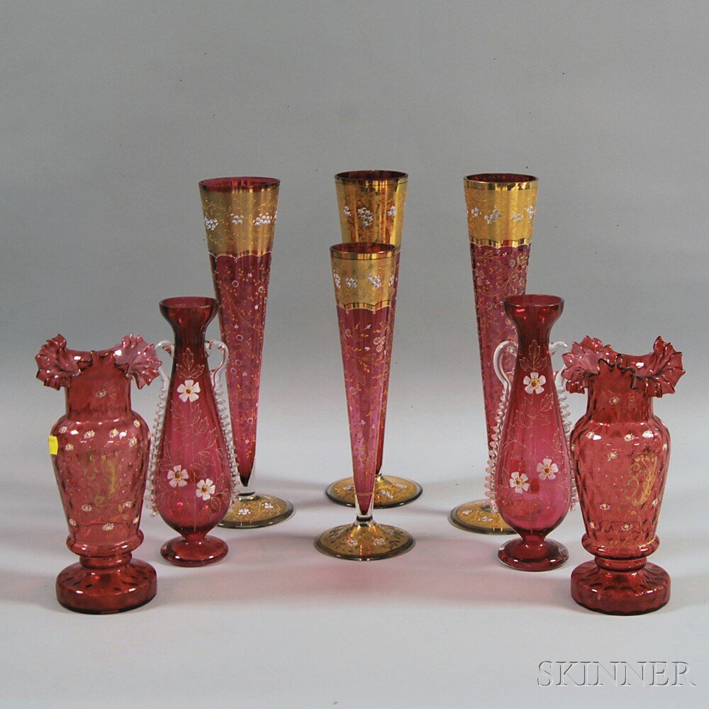 Appraisal: Eight Red Moser-type Glass Vases late th or early th