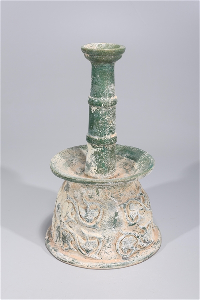 Appraisal: Chinese archaistic ceramic crackle glaze candlestick with molded designs H