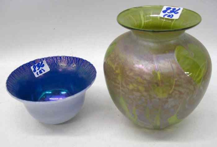 Appraisal: TWO ART GLASS BOWLS the first having green heart-shaped leafage