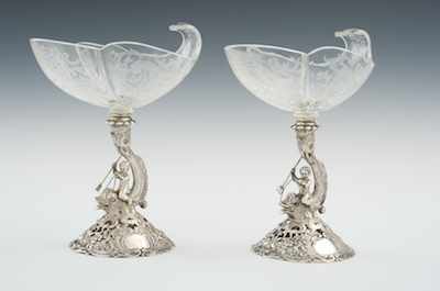 Appraisal: A Pair of German Silver and Etched Crystal Compotes Apprx