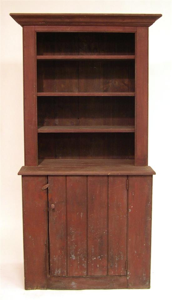 Appraisal: Pine stepback cabinet with red painted surface three fixed shelves