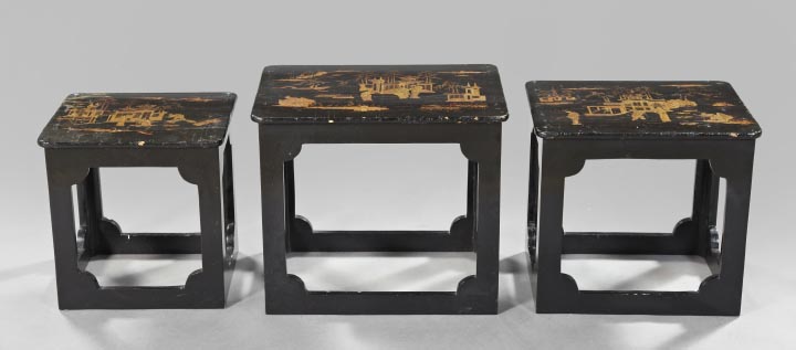 Appraisal: Graduated Trio of Chinese Black and Gold Lacquer Chairside Tables