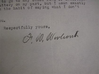 Appraisal: piece Typed Letter Signed Woolworth F W New York May