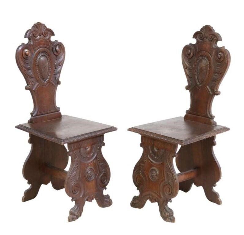 Appraisal: pair Italian Renaissance Revival walnut hall chairs th c carved