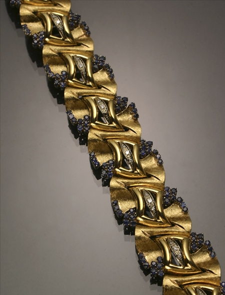 Appraisal: European -Karat Yellow and White-Gold Diamond and Blue Sapphire Bracelet