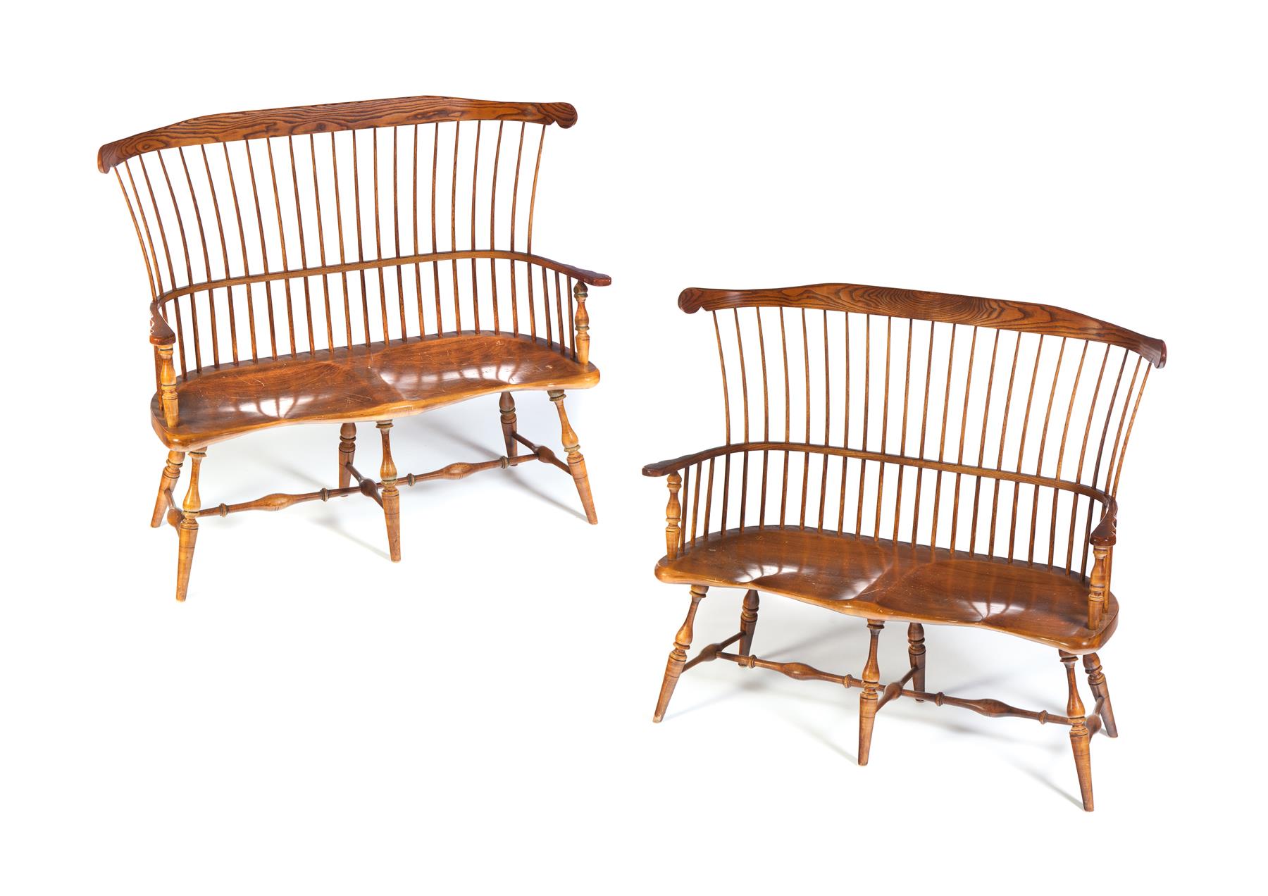 Appraisal: PAIR OF FREDERICK DUCKLOE AND BROS WINDSOR-STYLE SETTLE ARM BENCHES