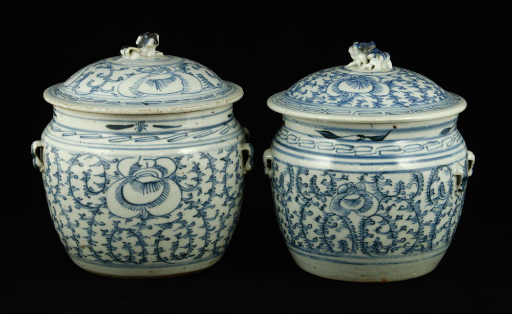 Appraisal: - Pr Chinese Blue and White Covered Jars Pair of