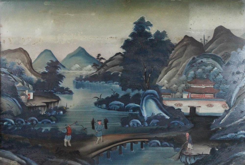 Appraisal: CHINESE REVERSE PAINTING ON GLASS depicting an extensive mountain landscape