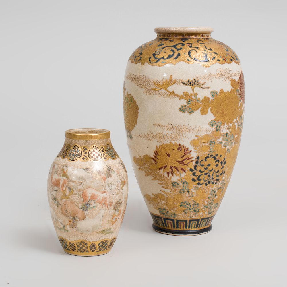 Appraisal: Two Japanese Satsuma Porcelain Vases The first blue and gilt