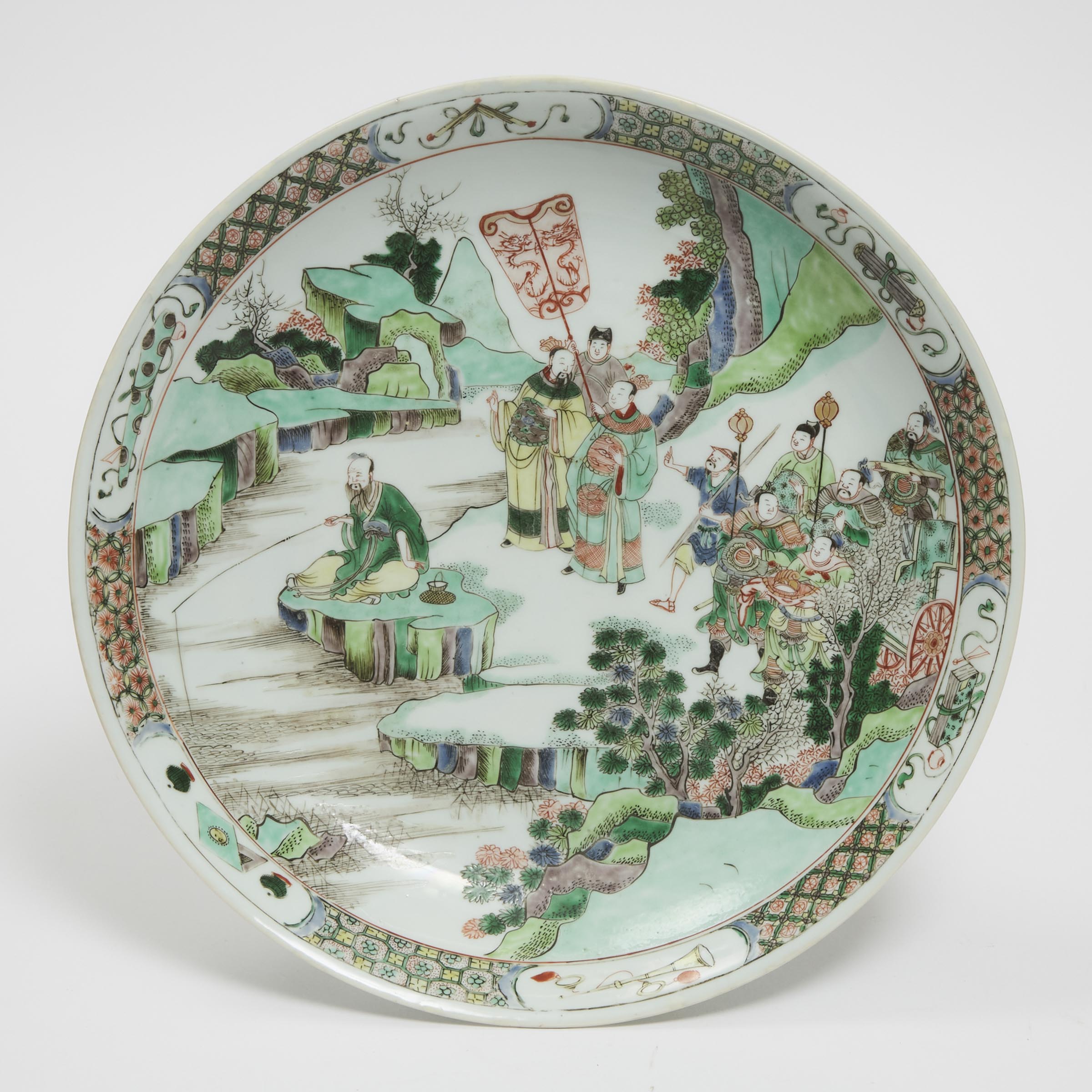 Appraisal: A Large and Rare Famille Verte Wucai 'Jiang Ziya' Dish