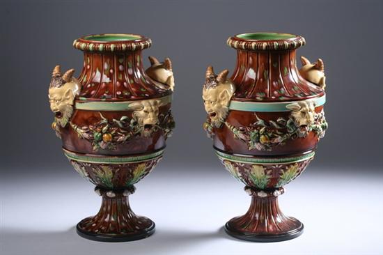 Appraisal: PAIR WILHELM SCHILLER SONS MAJOLICA URNS late th century WS