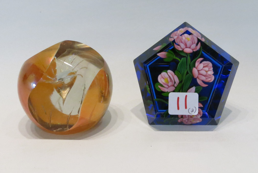 Appraisal: TWO COLLECTABLE ART GLASS PAPERWEIGHTS the first a three layer