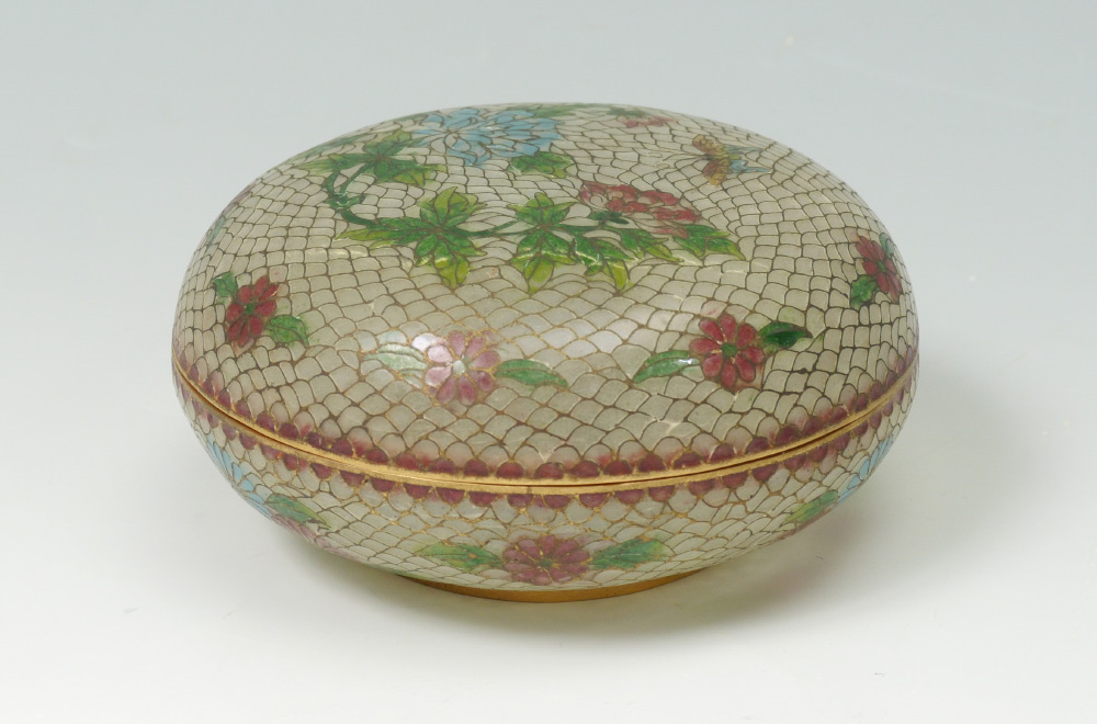 Appraisal: PLIQUE A JOUR COVERED DRESSER JAR Floral motif with butterfly