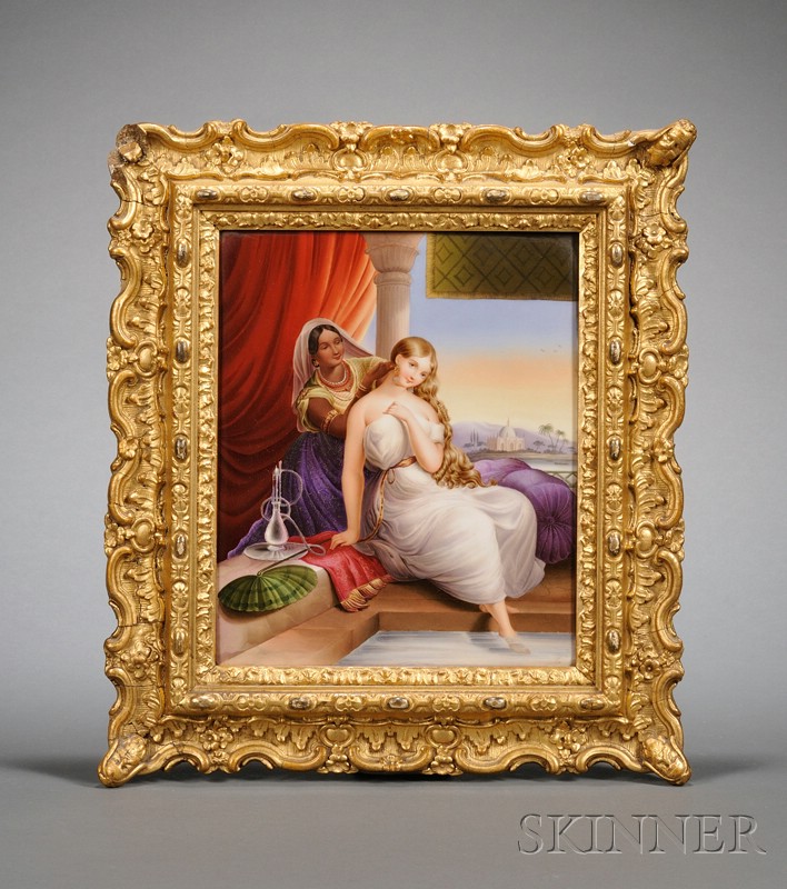 Appraisal: German Painted Porcelain Plaque of a Princess at her Bath