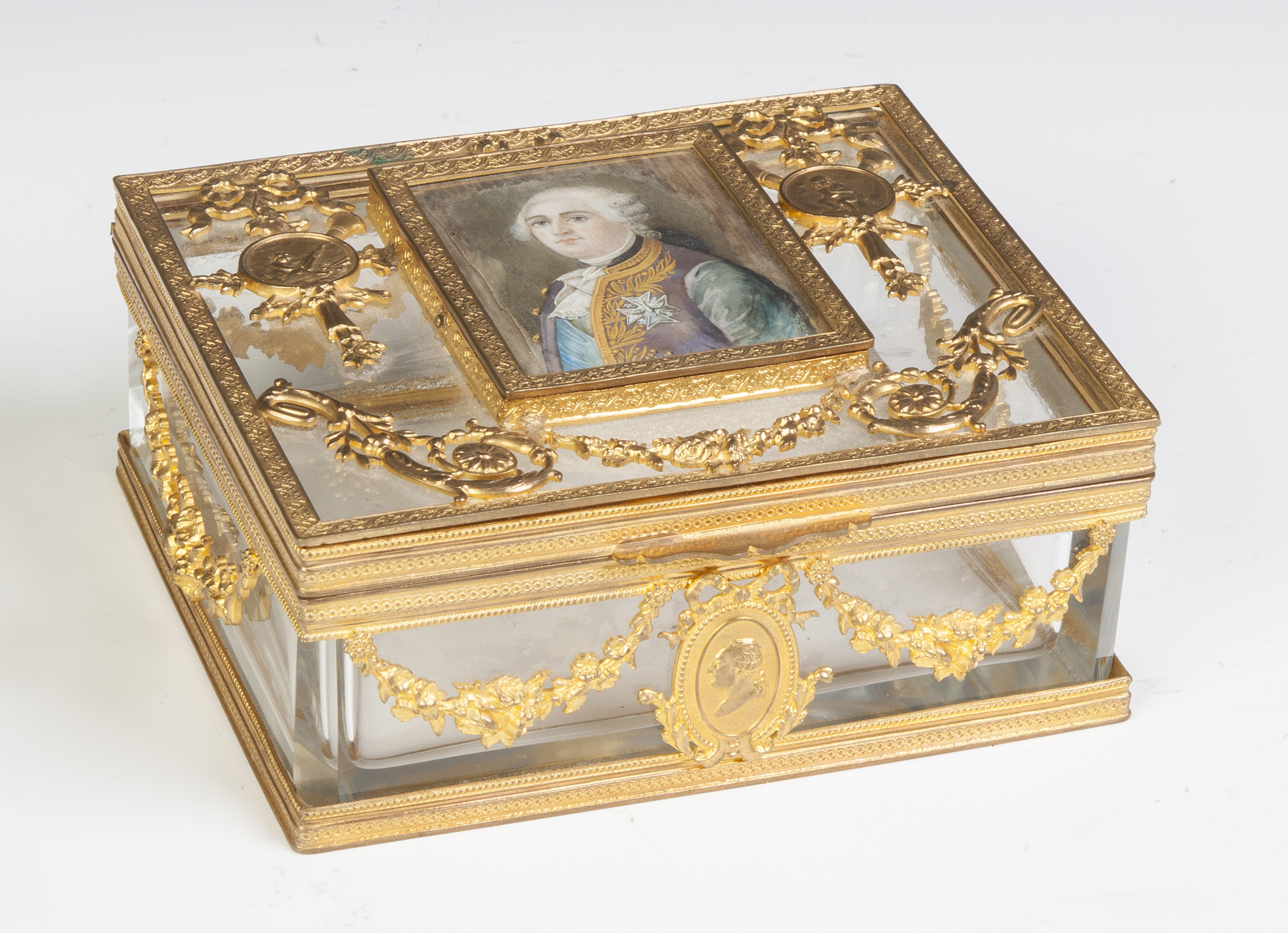 Appraisal: Gilt Bronze Glass Jewelry Box th cent With miniature painting