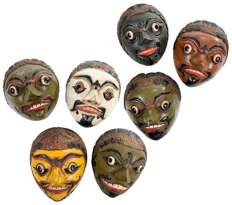 Appraisal: Group of Seven Polychrome Indonesian Masks th th century carved