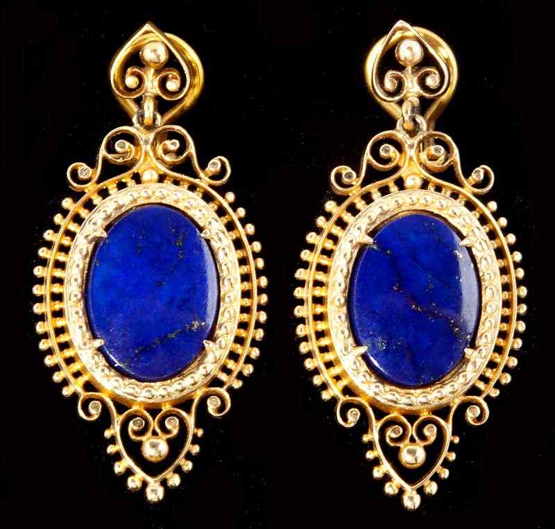 Appraisal: Gold and Lapis Drop Pendant Earclipsin the Etruscan Revival style