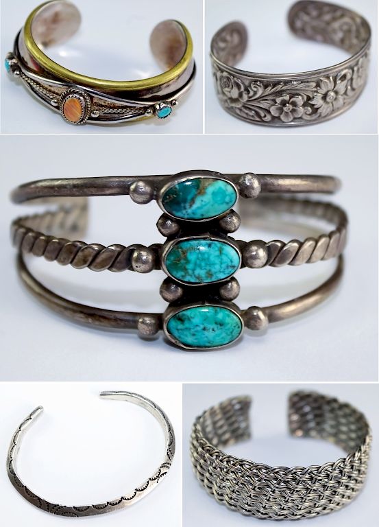 Appraisal: VTG Native American Silver Cuff Bracelets Collection of vintage and