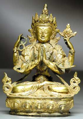 Appraisal: ANTIQUE TIBETAN GILT BRONZE DEITY Antique Tibetan gilt bronze model