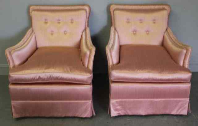 Appraisal: Pair of Midcentury Lounge Chairs Original pink satin From a