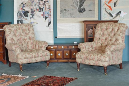 Appraisal: A Pair of Upholstered English Easy Chairs with button tufting