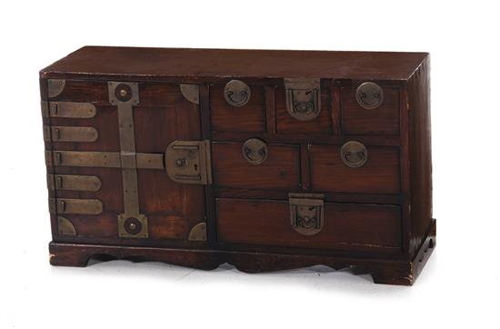 Appraisal: Asian brass-mounted hardwood cabinet th century configuration of drawers and