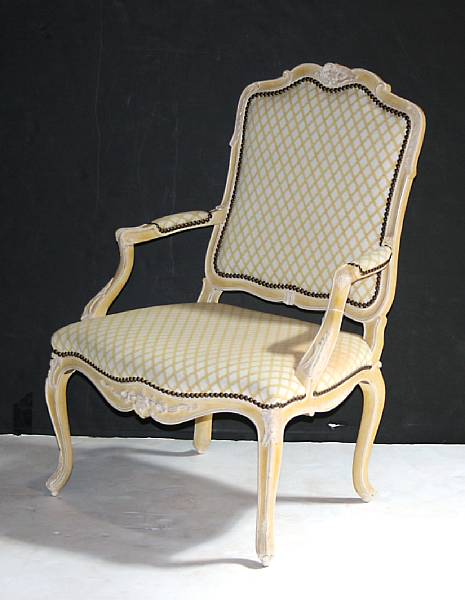 Appraisal: A pair of Louis XV style painted fauteuils mid th