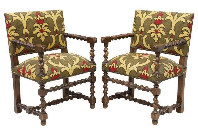 Appraisal: pair French Louis XIII style armchairs early th c having