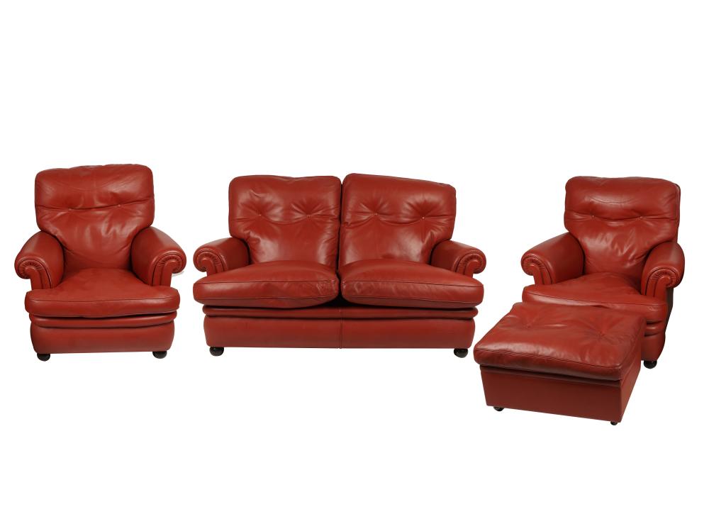 Appraisal: PATRONA FRAU RED LEATHER LIVING ROOM SUITEcomprising two club chairs