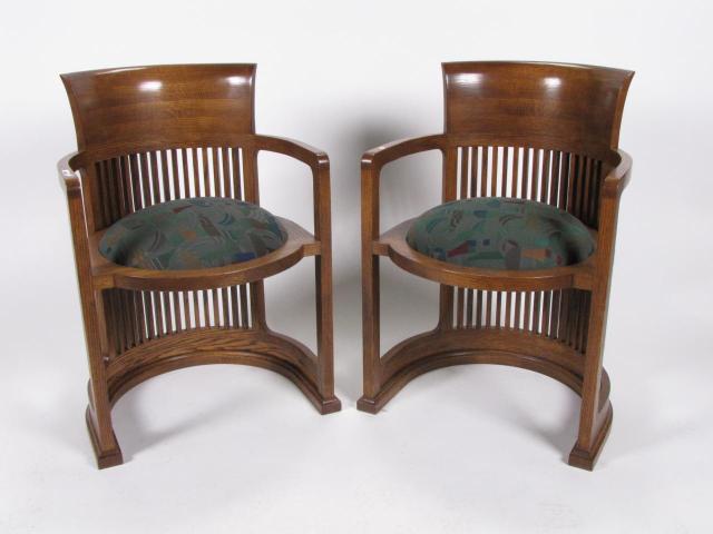 Appraisal: Pair of Prairie-style architecture barrel chairs made by Swartzendruber Hardwood