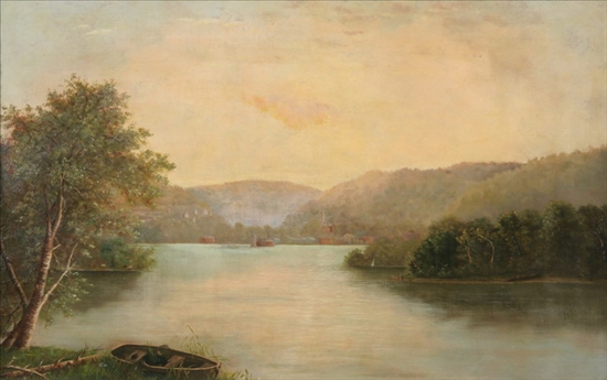 Appraisal: AMERICAN SCHOOL th century RIVER LANDSCAPE WITH DOCKED ROWBOAT oil