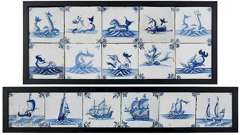 Appraisal: Framed Sea Creature and Ship Delft Tiles Dutch th early