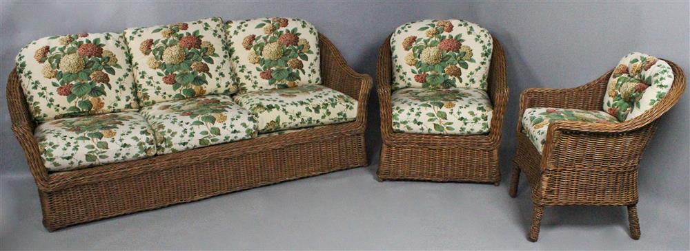 Appraisal: WALTERS WICKER SOFA AND TWO CHAIRS natural lacquered wicker with