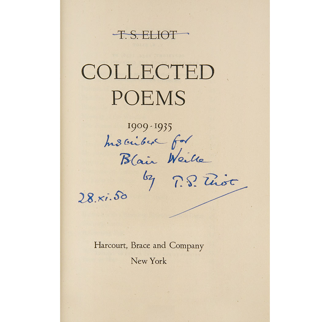 Appraisal: ELIOT THOMAS STEARNS Collected Poems New York Harcourt Brace and