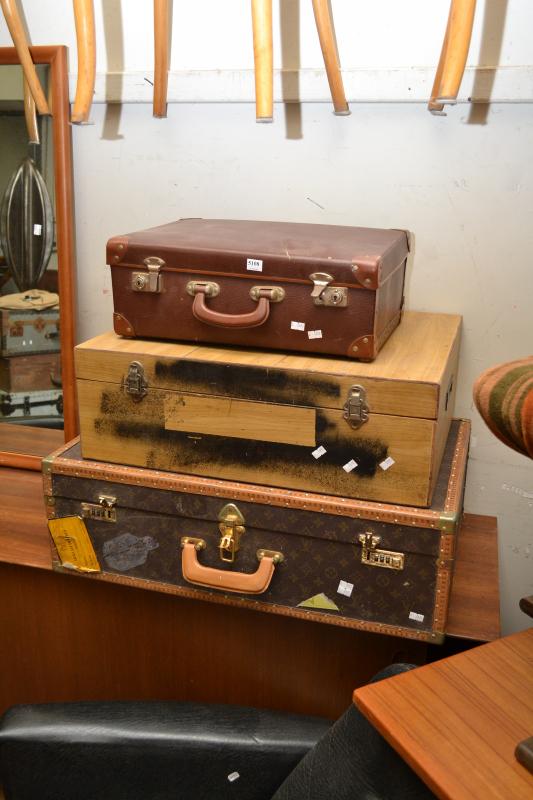 Appraisal: A LOUIS VUITTON STYLE SUITCASE A PINE STORAGE CASE AND