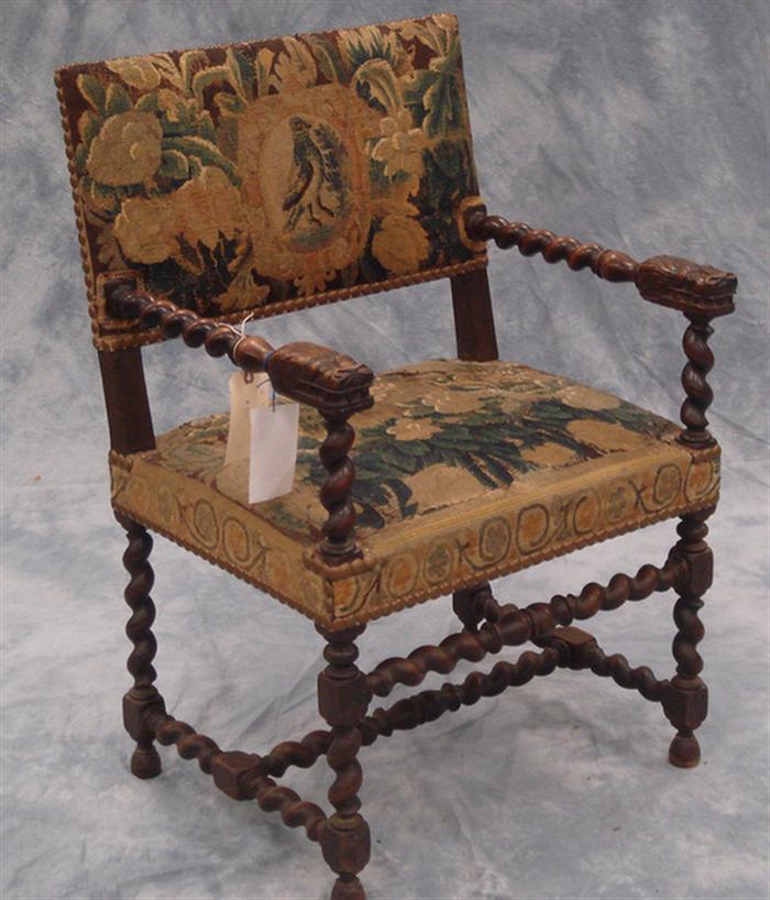 Appraisal: Carved walnut English armchair with spiral turned arms legs stretcher