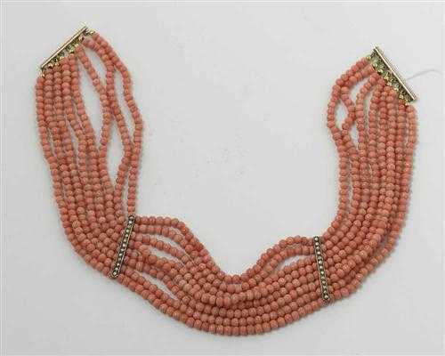 Appraisal: CORAL AND PEARL NECKLACE ca Yellow gold Decorative -row tour-de-cou