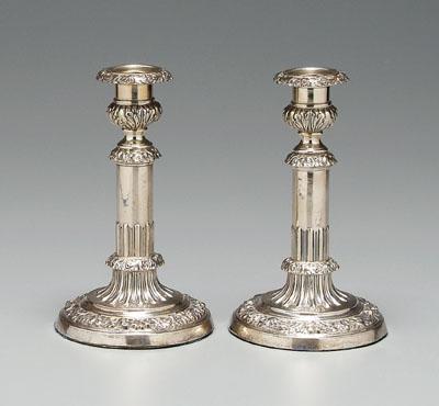 Appraisal: Pair English silver candlesticks partially fluted columns acanthus decoration marks