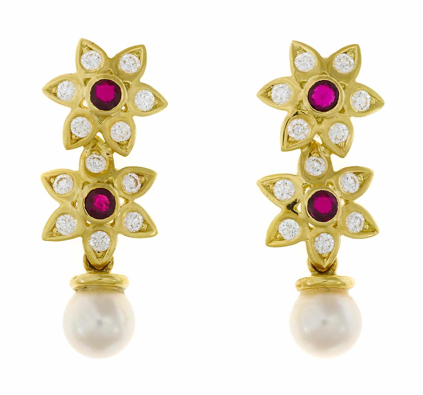 Appraisal: A pair of diamond ruby and cultured pearl flower motif