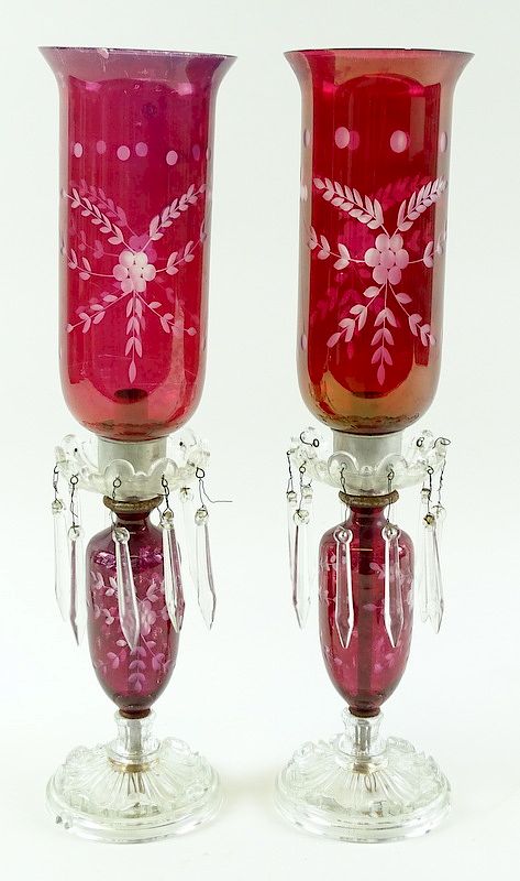 Appraisal: Pair of Cranberry Art Glass Girandoles Pair of Cranberry Art