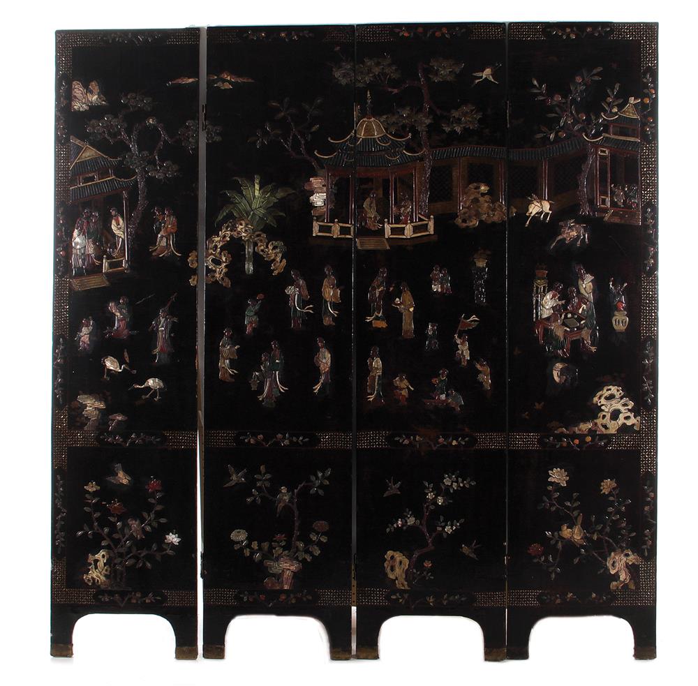 Appraisal: Chinese carved and inlaid lacquer four-panel floor screen Qing or