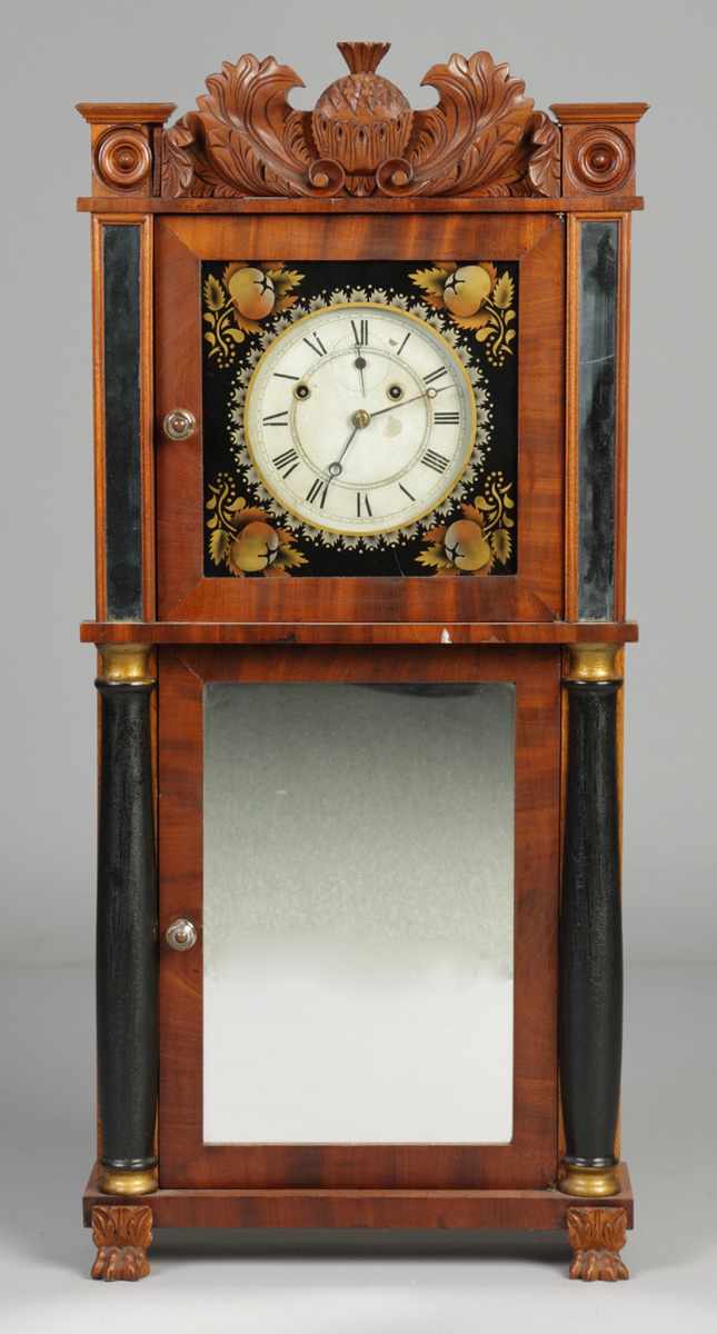 Appraisal: Asa Munger Shelf Clock Carved mahogany case w pineapple finial