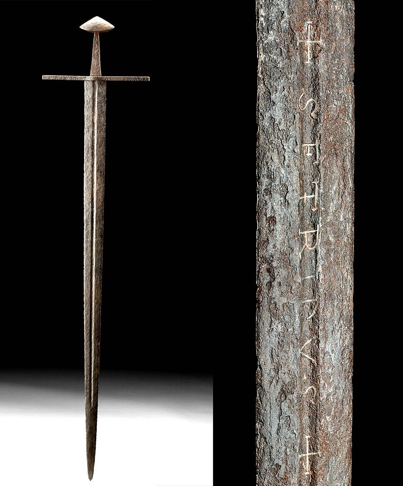 Appraisal: Mid- th C Viking Steel Broadsword w Silver Inlay Northern