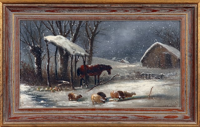 Appraisal: Nocturnal winter scene with falling snow and farm animals by